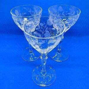 Vintage Optic Etched Floral Cordial Glasses Set of 3